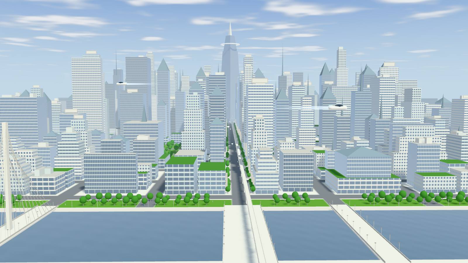 Afternoon. A green city of glass, parks and flying cars.