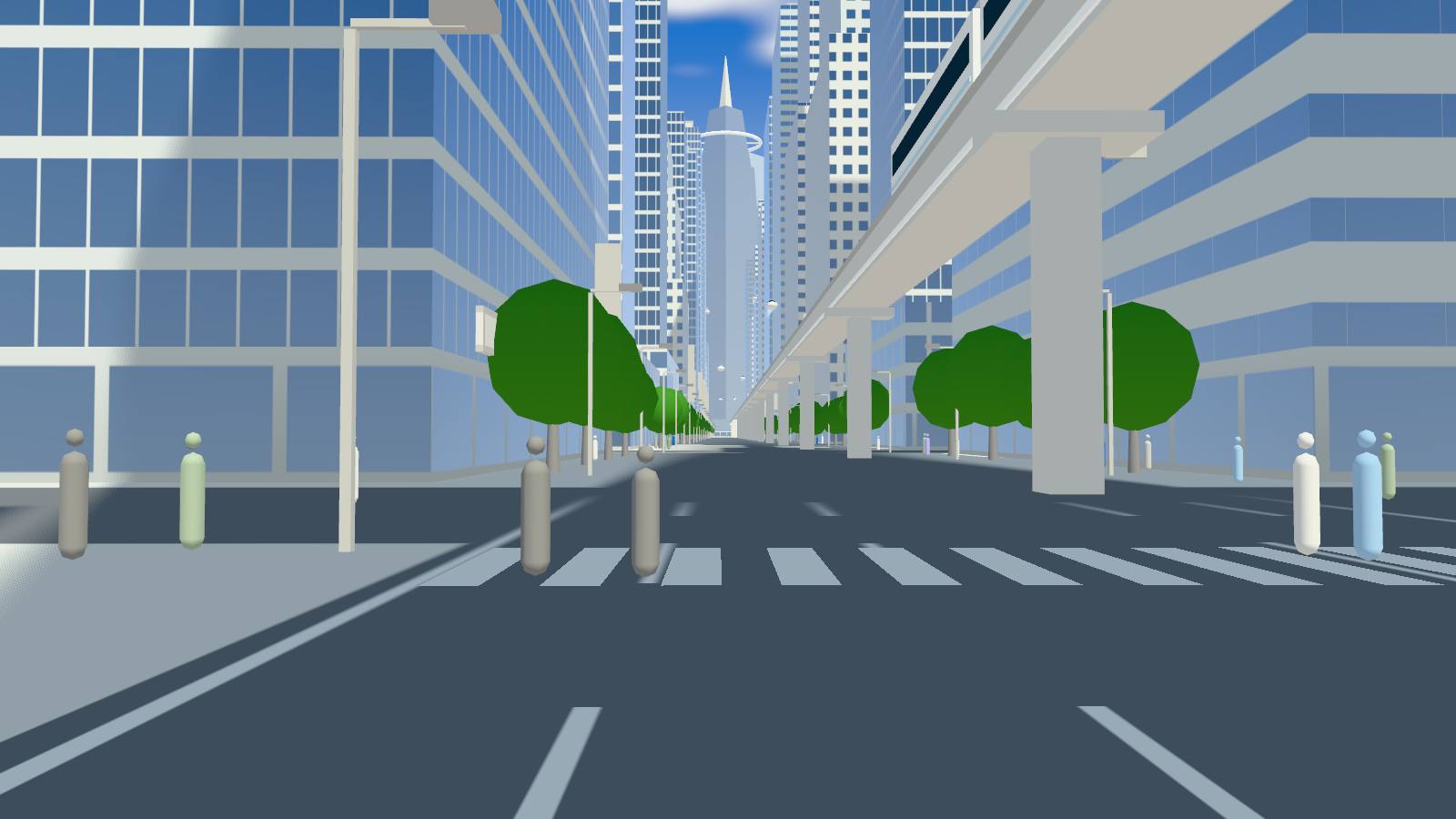 Street level. People, trees and a tram on a sunny boulevard.