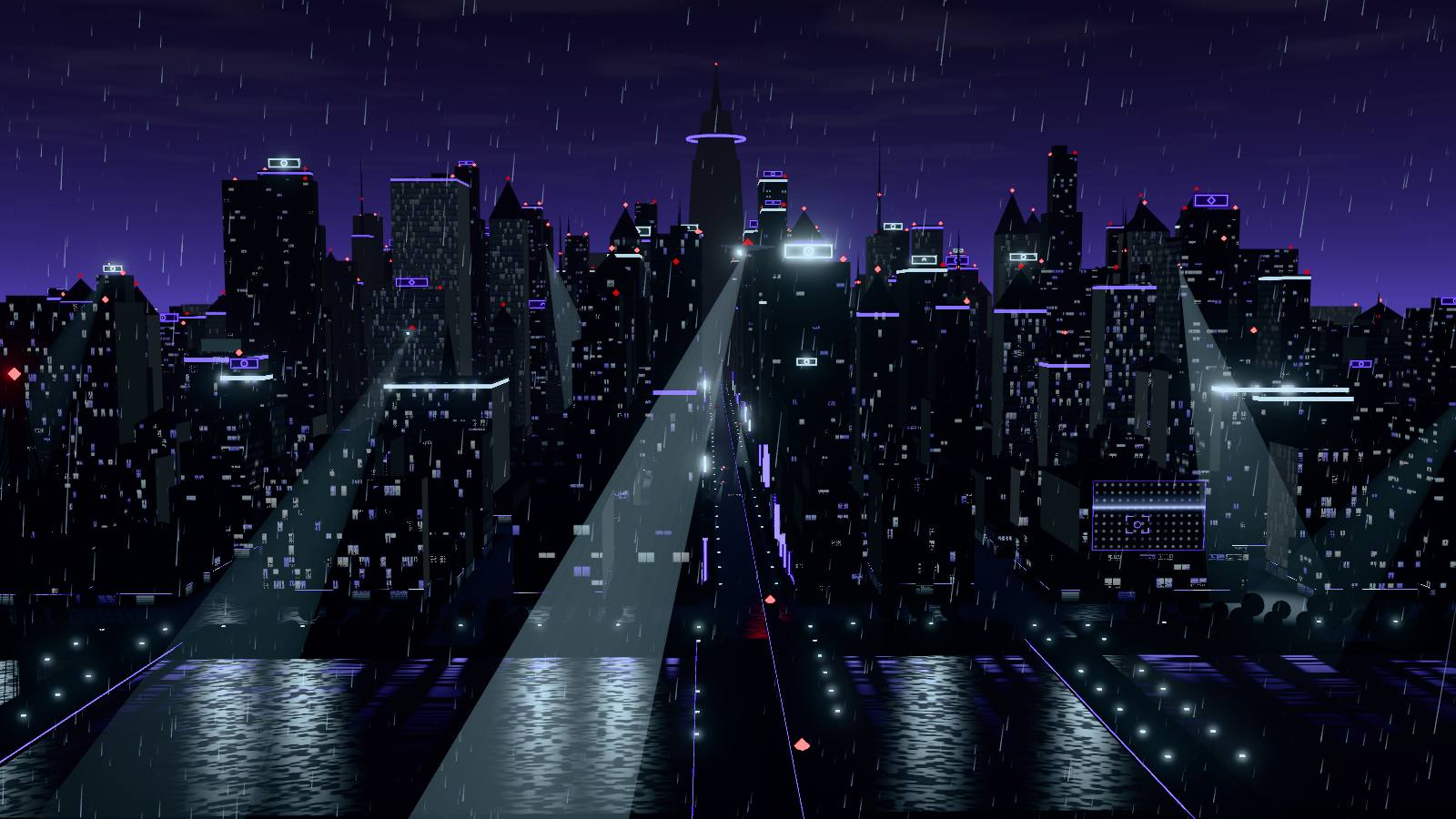 Night. The same city in rain, with drones circling the towers.